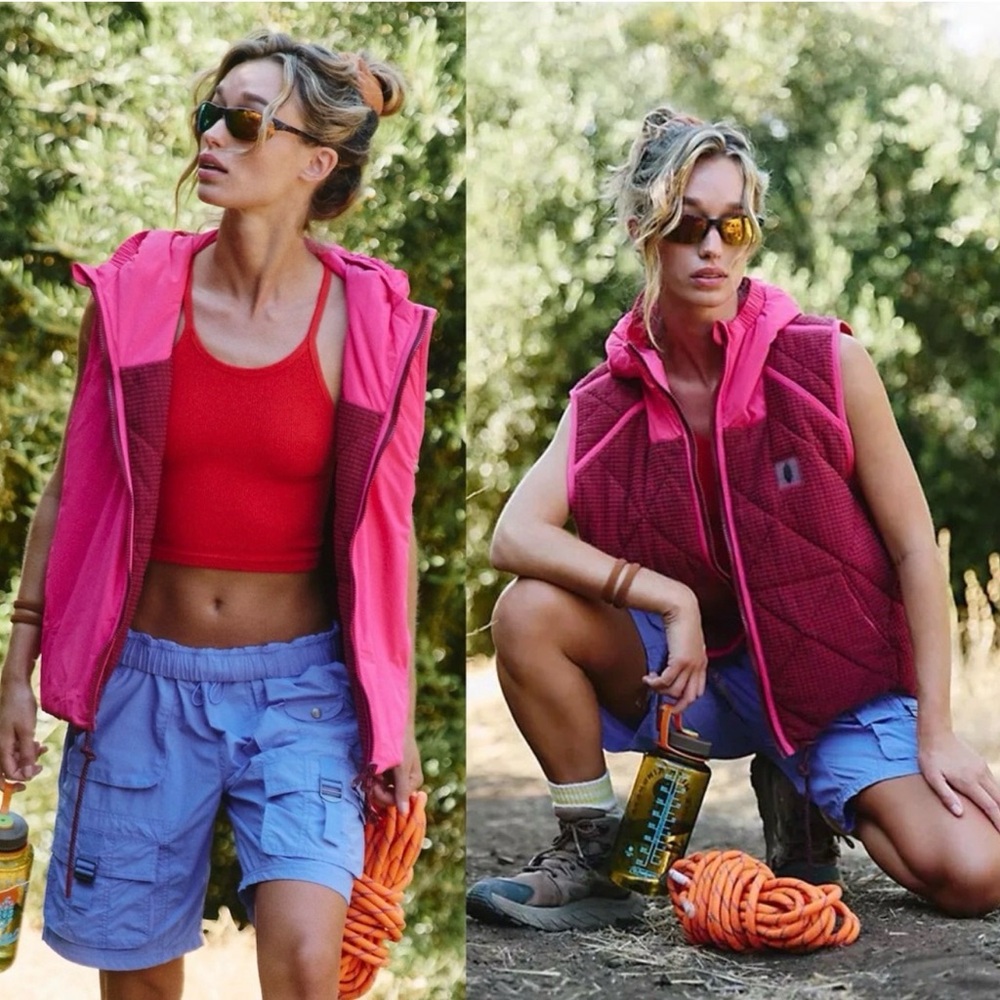 Free People Movement Recreation Reversible Fleece Puffer Vest Pink Sour Cherry